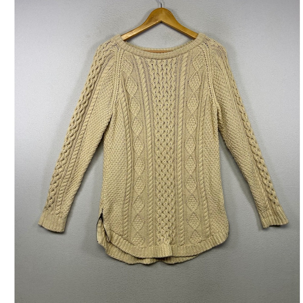 Coastal Preppy LL Bean Signature Womens Medium Beige Cable Knit Side Zip Sweater